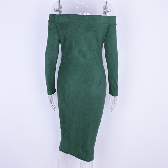 1 Left! Hunter Green Suede Off Shoulder Midi Dress - Picture 3 of 8
